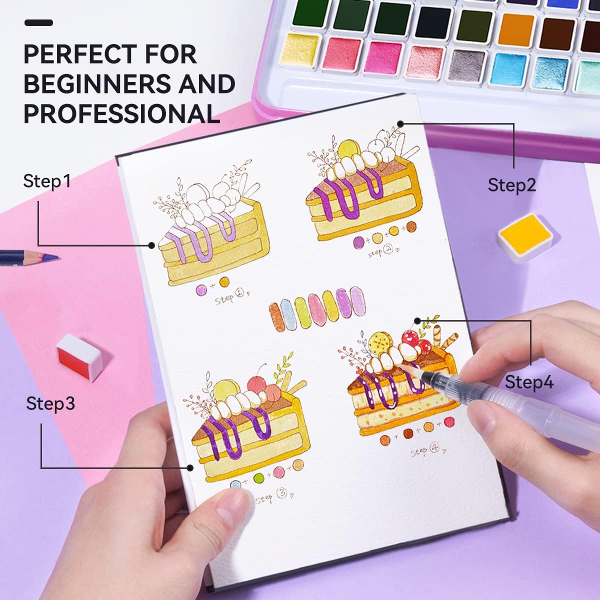 MeiLiang Watercolor Paint Set, 48 Vibrant Colors, Including 12 Solid Glitter Metallic Paints in Pocket Box and Watercolor Brush, Perfect as Art Gift, Suitable for 48 Colors.