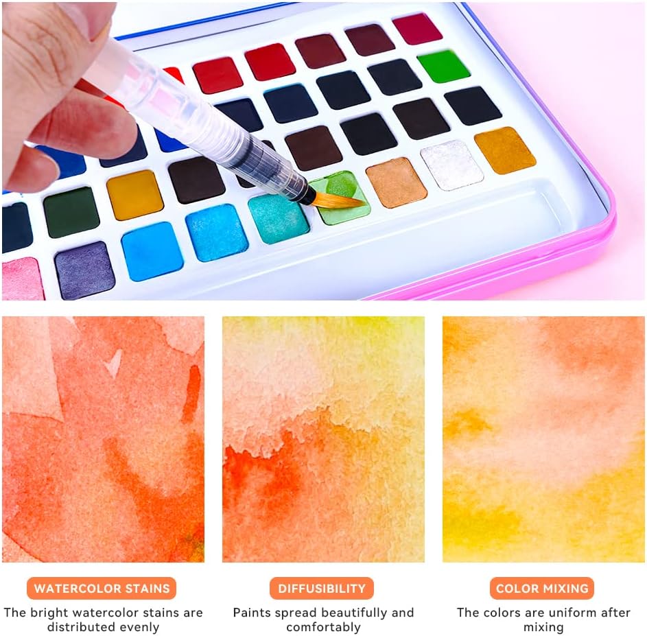 MeiLiang Watercolor Paint Set, 48 Vibrant Colors, Including 12 Solid Glitter Metallic Paints in Pocket Box and Watercolor Brush, Perfect as Art Gift, Suitable for 48 Colors.