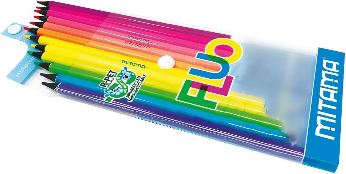 MITAMA - Fluo Crayons - Pack of 12 - Fluo lacquered crayons - Lead with large line 3.3 mm - Ideal for drawing, highlighting - School colors - School pencil case