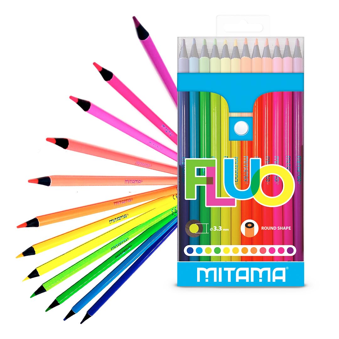 MITAMA - Fluo Crayons - Pack of 12 - Fluo lacquered crayons - Lead with large line 3.3 mm - Ideal for drawing, highlighting - School colors - School pencil case