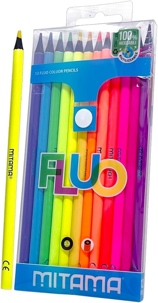 MITAMA - Fluo Crayons - Pack of 12 - Fluo lacquered crayons - Lead with large line 3.3 mm - Ideal for drawing, highlighting - School colors - School pencil case