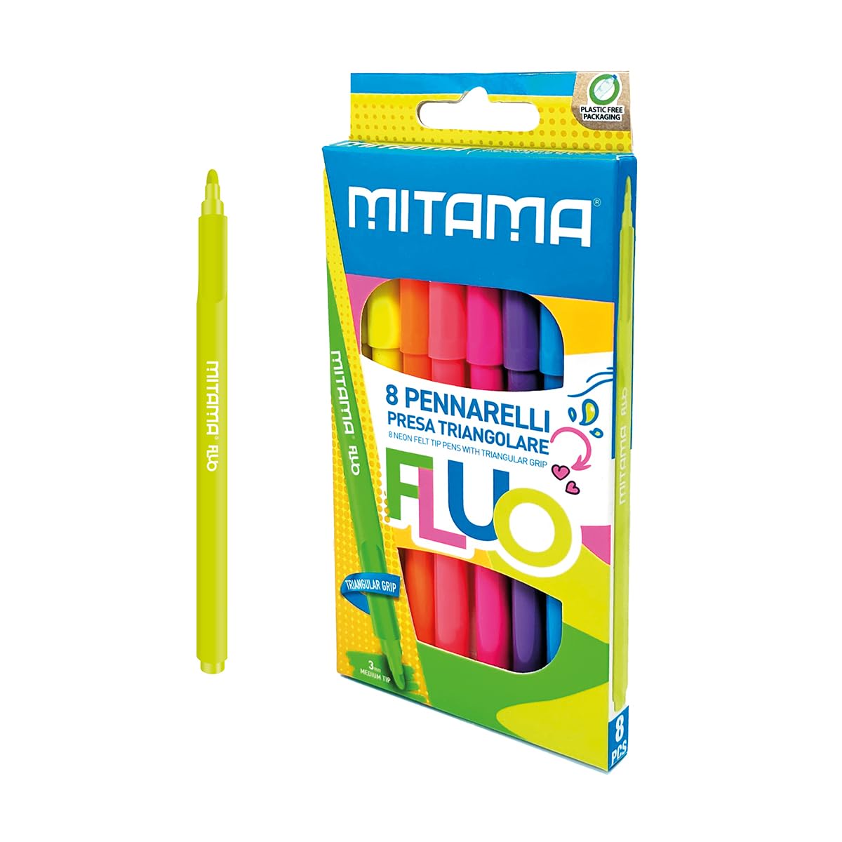 Mitama Fluo Markers - Case of 8 markers - Neon colors - Anti-choking cap - Medium tip 3 mm - School colors - Crayons School case 1 unit (Pack of 1)