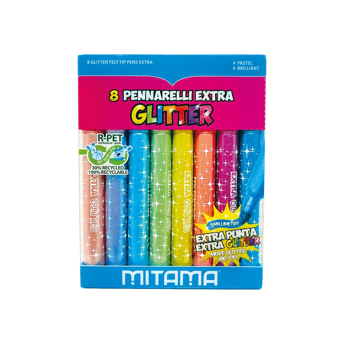 MITAMA Game Boxes - Creative Kits - JUMBO GLITTER MARKERS - Comfort grip, Maxi tip - 8 pcs - 4 Pastel Glitter + 4 Brilliant Glitter in Pet Box - Creative Games - Educational Games