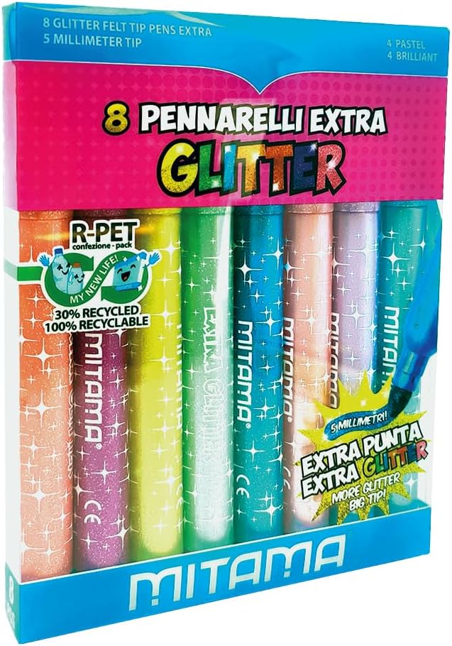 MITAMA Game Boxes - Creative Kits - JUMBO GLITTER MARKERS - Comfort grip, Maxi tip - 8 pcs - 4 Pastel Glitter + 4 Brilliant Glitter in Pet Box - Creative Games - Educational Games