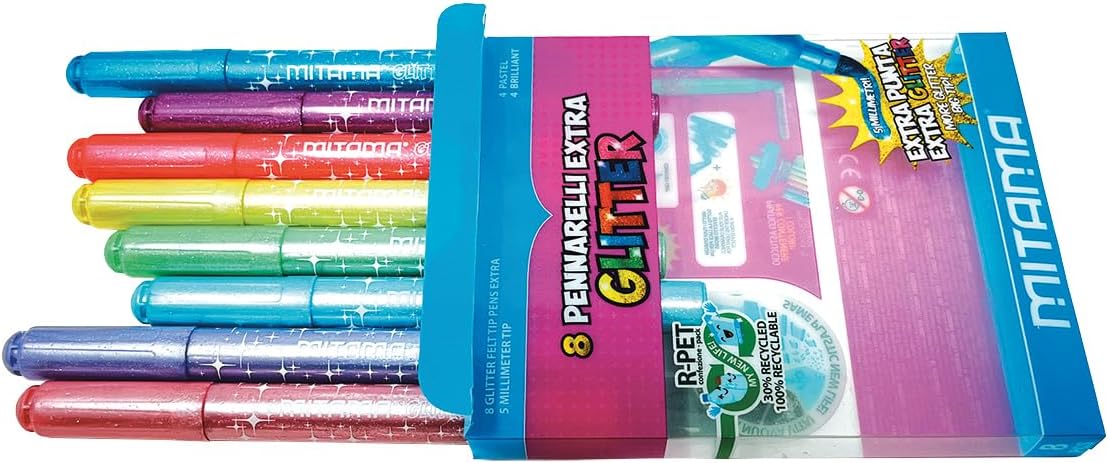 MITAMA Game Boxes - Creative Kits - JUMBO GLITTER MARKERS - Comfort grip, Maxi tip - 8 pcs - 4 Pastel Glitter + 4 Brilliant Glitter in Pet Box - Creative Games - Educational Games