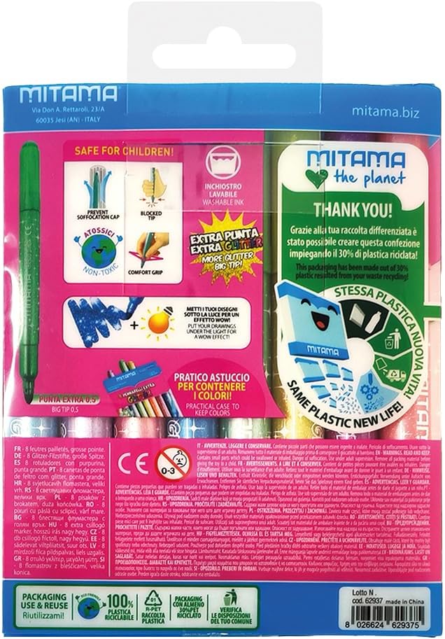 MITAMA Game Boxes - Creative Kits - JUMBO GLITTER MARKERS - Comfort grip, Maxi tip - 8 pcs - 4 Pastel Glitter + 4 Brilliant Glitter in Pet Box - Creative Games - Educational Games