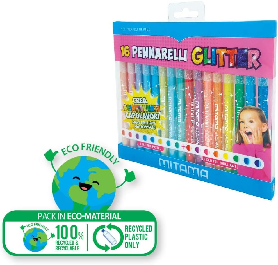 Mitama TRIANGULAR Glitter MARKERS, FINE Tip, 8 Pastel + 8 Brilliant in Pet Box of 16 Pieces