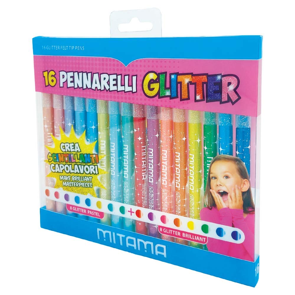 Mitama TRIANGULAR Glitter MARKERS, FINE Tip, 8 Pastel + 8 Brilliant in Pet Box of 16 Pieces