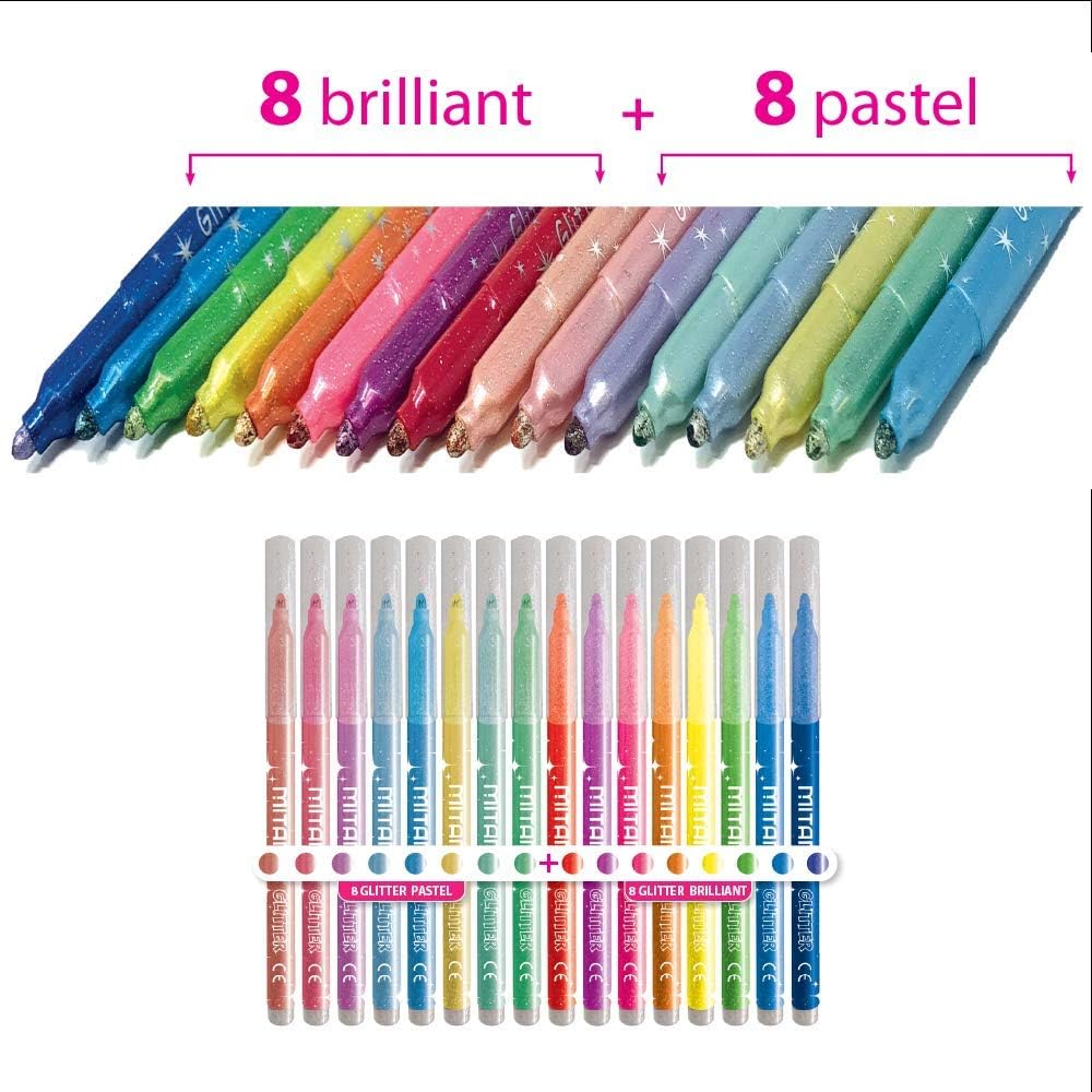 Mitama TRIANGULAR Glitter MARKERS, FINE Tip, 8 Pastel + 8 Brilliant in Pet Box of 16 Pieces
