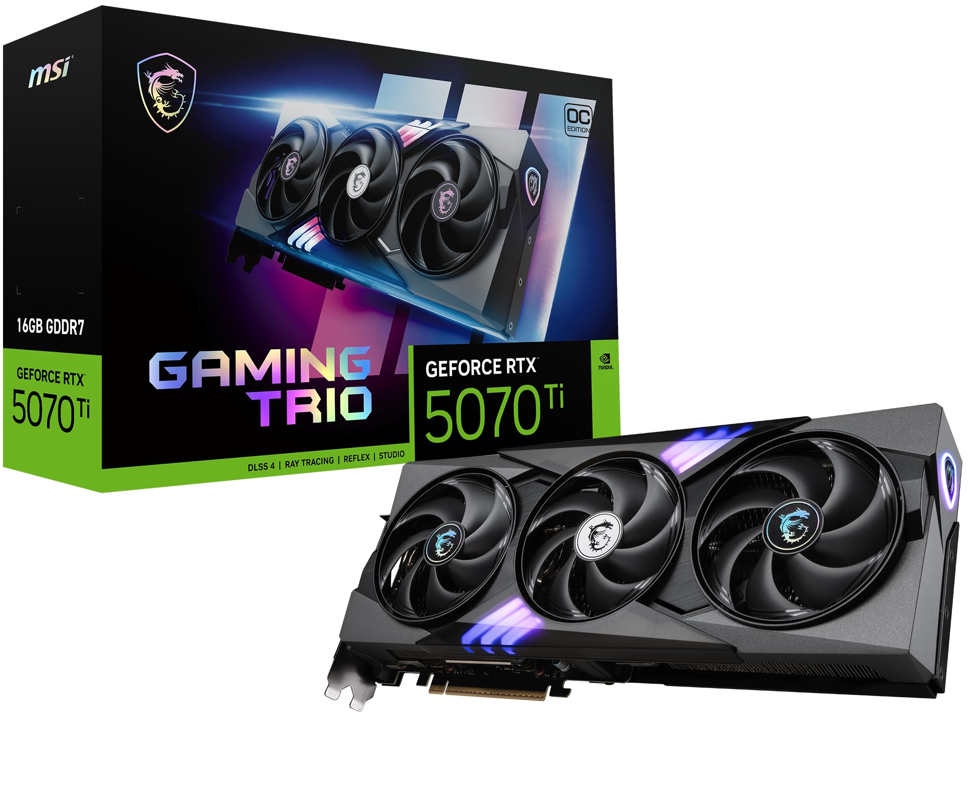 MSI NVIDIA GeForce RTX 5070 Ti 16G GAMING TRIO OC Graphic Cards - 16 Go GDDR7 (28 GB/s, 256-bit), PCIe 5.0 - TRI FROZR 4 (3 x STORMFORCE Fans) - RGB - HDMI 2.1b, DisplayPort 2.1b