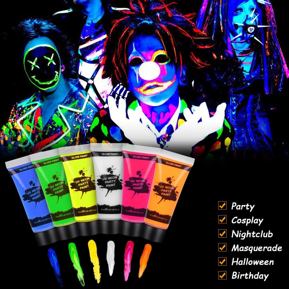 Neon Makeup, 6 Colors Body Paint Face and Body, UV Face Paint Safe and Non-Toxic, Fluo Party Gadget for Halloween, Carnival 6 pieces #uv