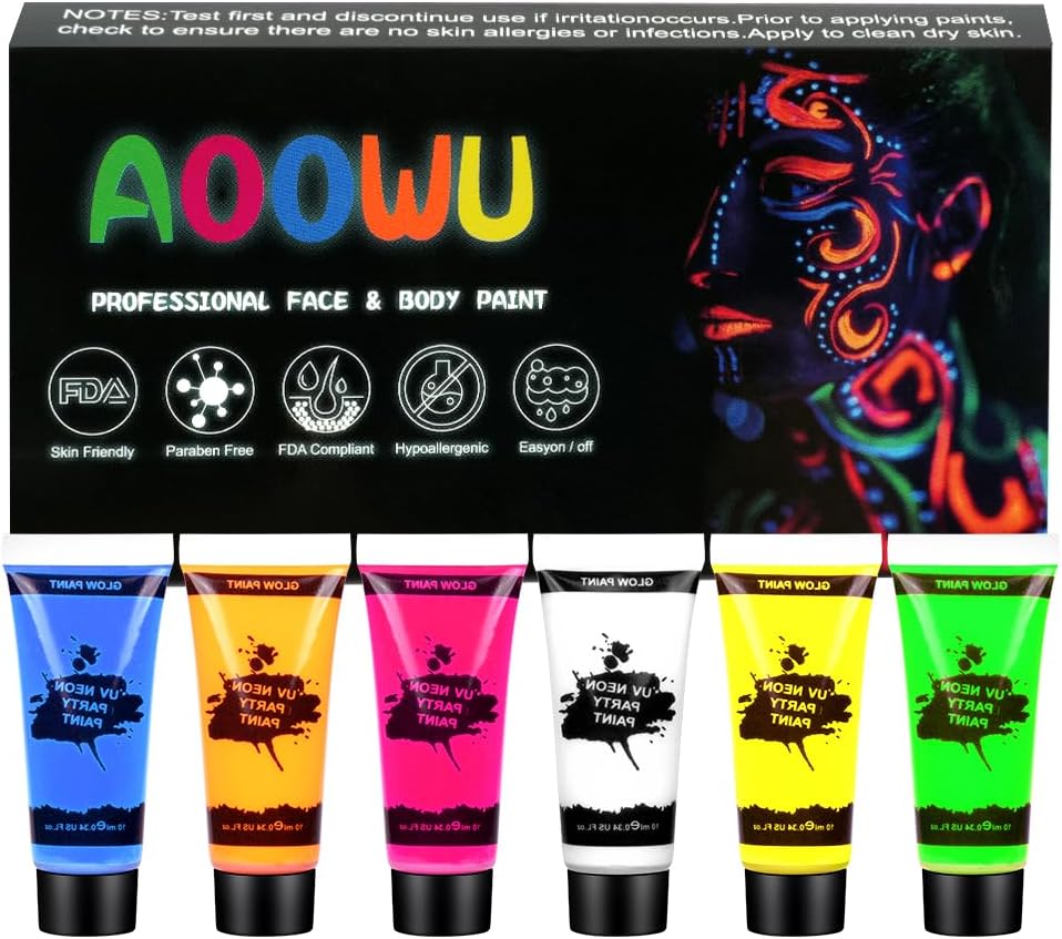 Neon Makeup, 6 Colors Body Paint Face and Body, UV Face Paint Safe and Non-Toxic, Fluo Party Gadget for Halloween, Carnival 6 pieces #uv