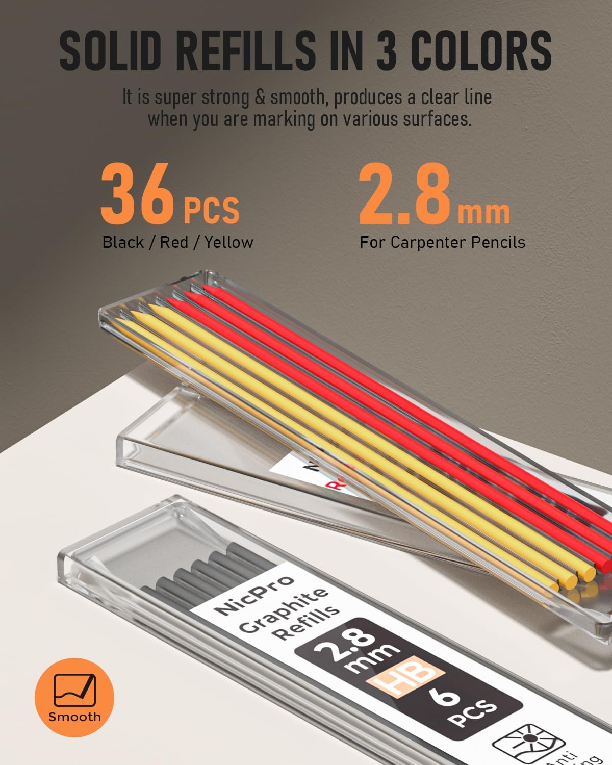 Nicpro 3 Pieces Carpenter's Pencil with 36 Leads, Carpenter's Pencils with Removable Finger Grips, Carpenter Pencil for Woodworking, Architects, Bricklayers (Black, Red, Yellow)