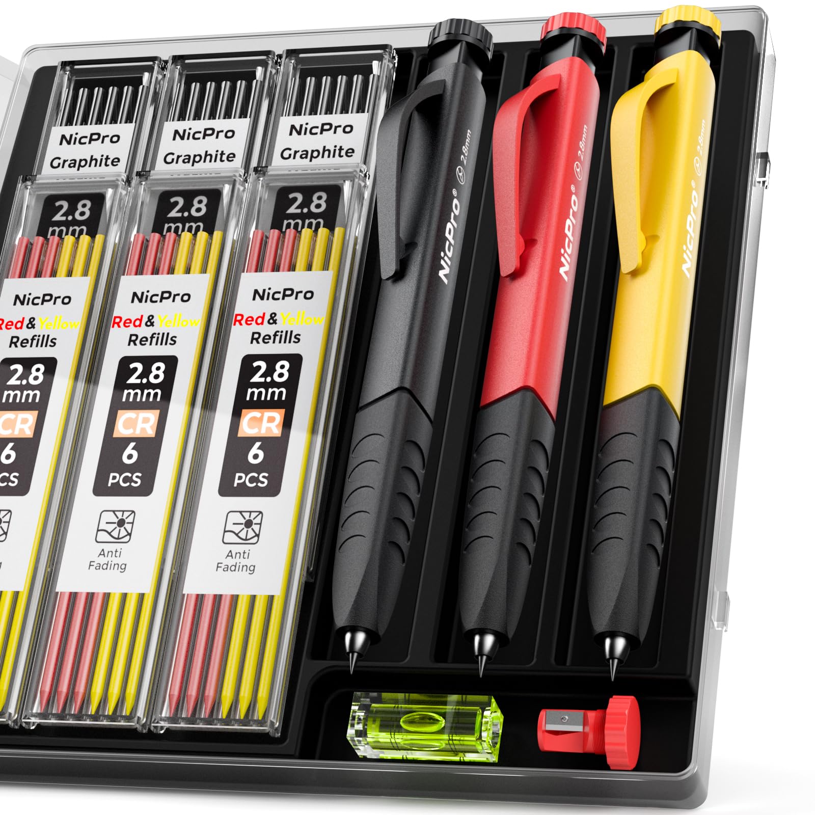Nicpro 3 Pieces Carpenter's Pencil with 36 Leads, Carpenter's Pencils with Removable Finger Grips, Carpenter Pencil for Woodworking, Architects, Bricklayers (Black, Red, Yellow)