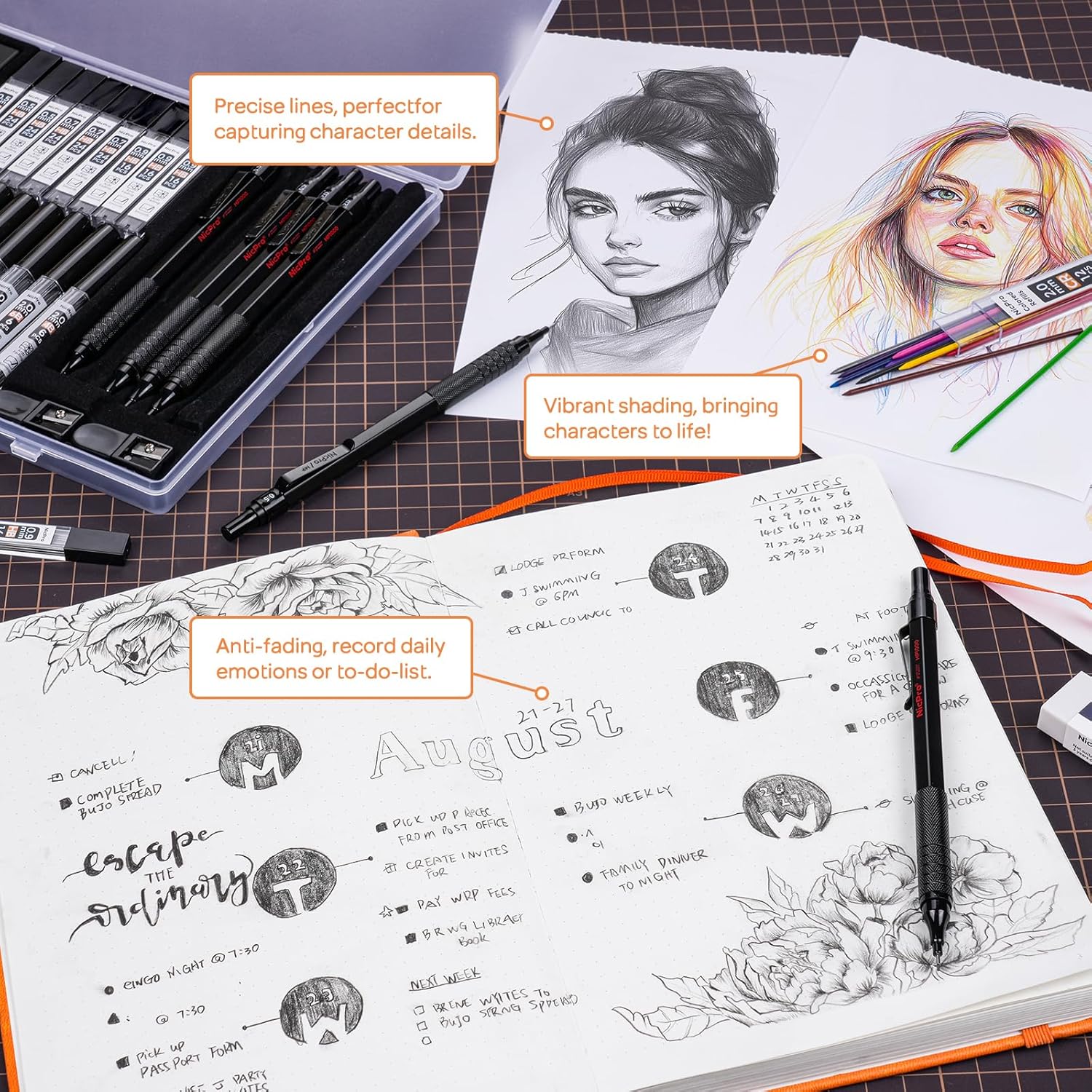 Nicpro 35 Piece Mechanical Pencil Set with Case, Art Mechanical Pencils 0.5, 0.7, 0.9 mm & 3PCS Mechanical Pencils 2mm with 20 Lead Refill Tubes (HB 2H 2B 4H 4B 6B Colors) for Sketching and Drawing Writing Black