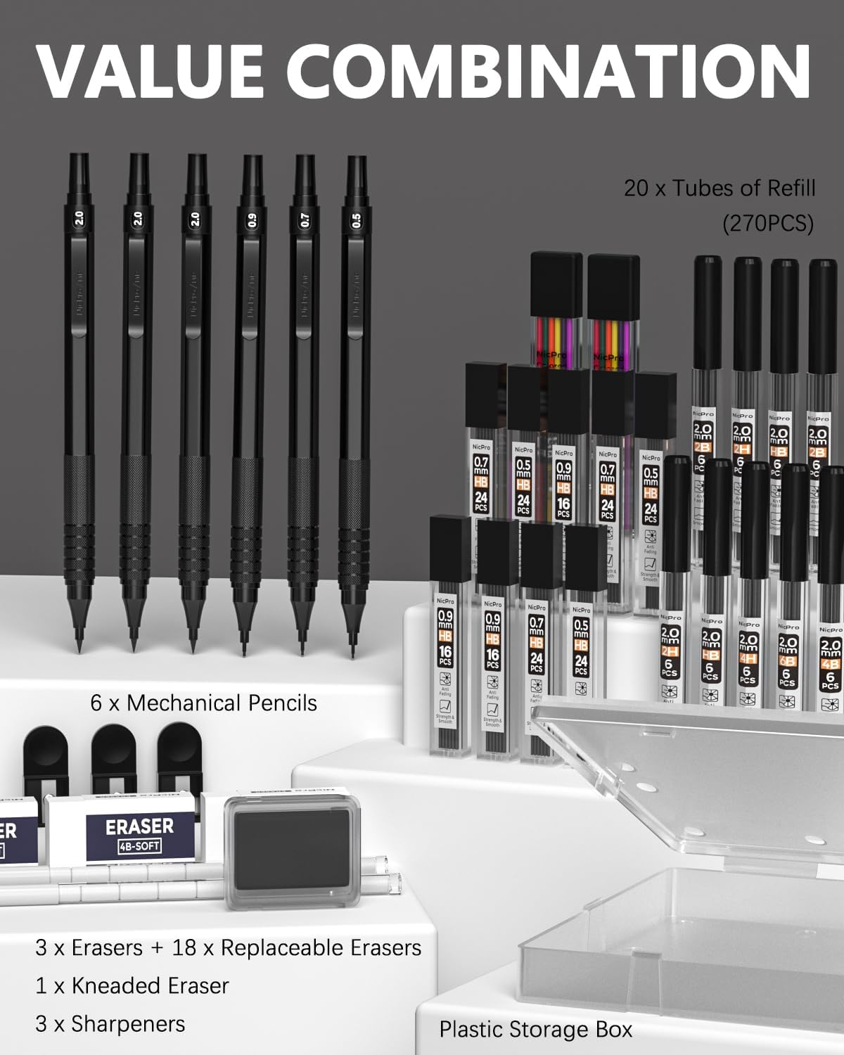 Nicpro 35 Piece Mechanical Pencil Set with Case, Art Mechanical Pencils 0.5, 0.7, 0.9 mm & 3PCS Mechanical Pencils 2mm with 20 Lead Refill Tubes (HB 2H 2B 4H 4B 6B Colors) for Sketching and Drawing Writing Black