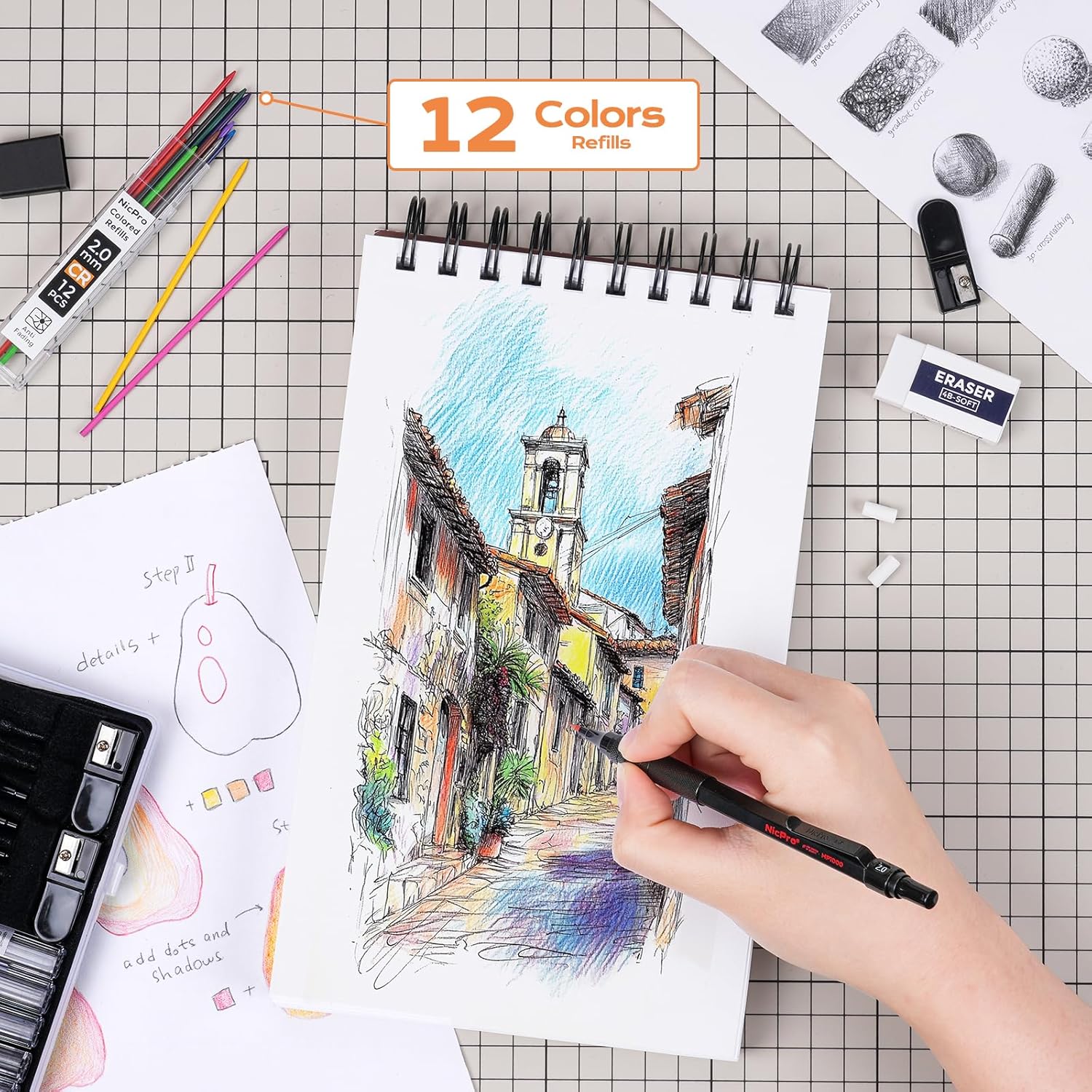 Nicpro 35 Piece Mechanical Pencil Set with Case, Art Mechanical Pencils 0.5, 0.7, 0.9 mm & 3PCS Mechanical Pencils 2mm with 20 Lead Refill Tubes (HB 2H 2B 4H 4B 6B Colors) for Sketching and Drawing Writing Black