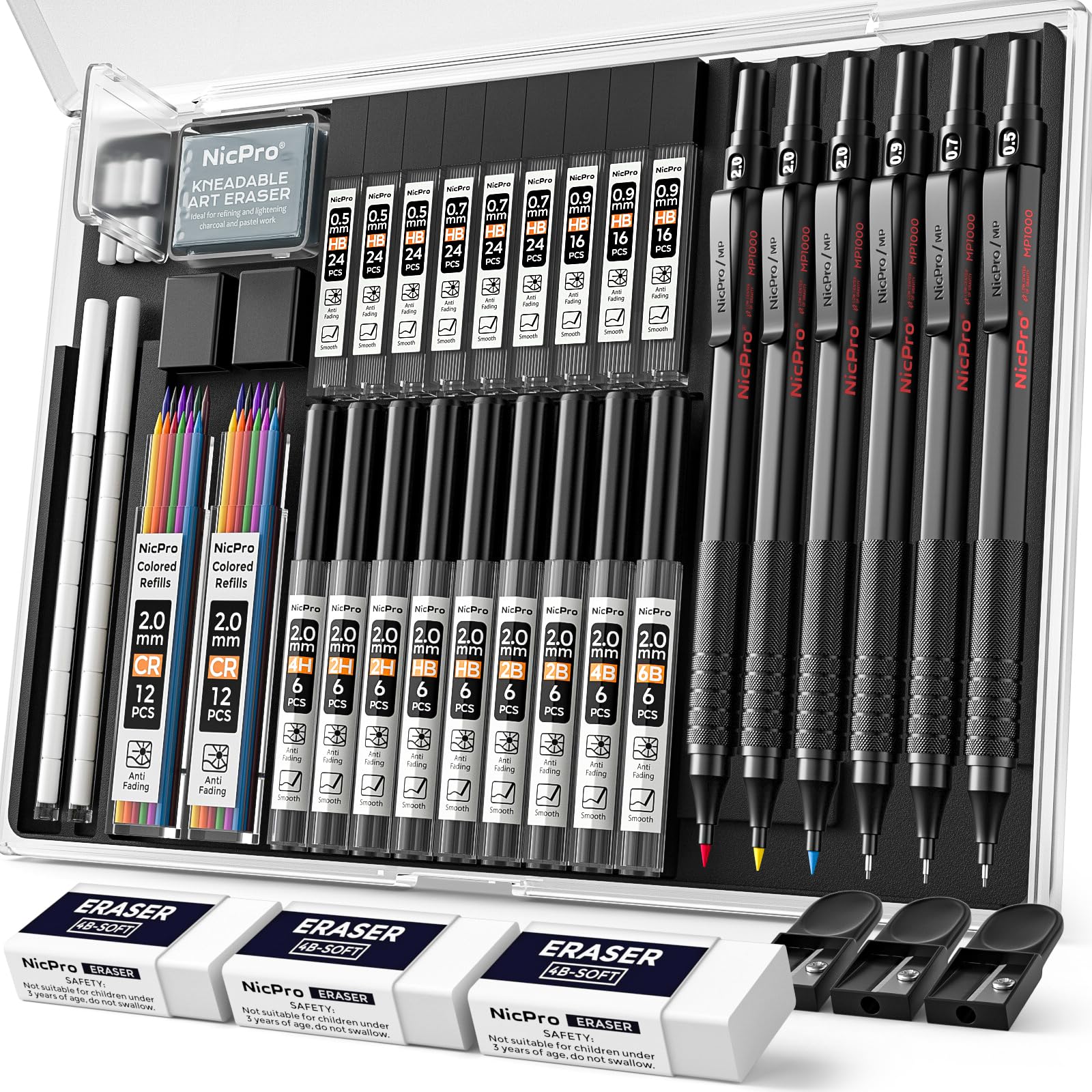 Nicpro 35 Piece Mechanical Pencil Set with Case, Art Mechanical Pencils 0.5, 0.7, 0.9 mm & 3PCS Mechanical Pencils 2mm with 20 Lead Refill Tubes (HB 2H 2B 4H 4B 6B Colors) for Sketching and Drawing Writing Black