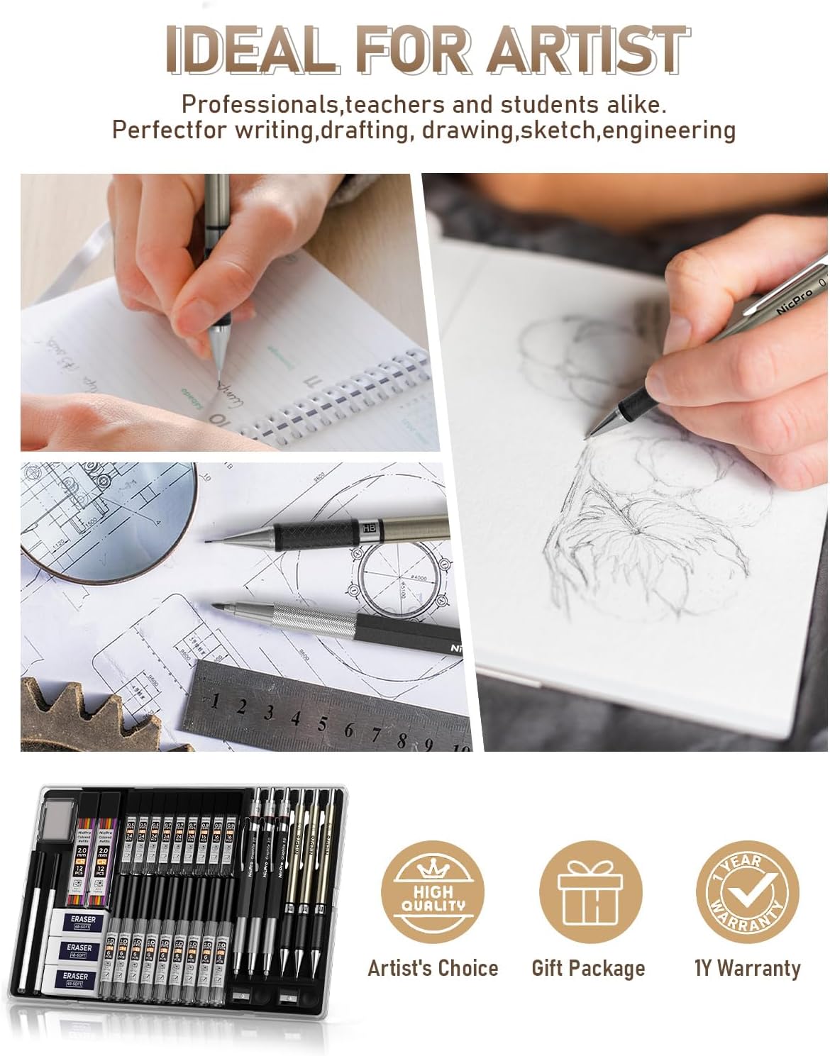 Nicpro 35 Pieces Artistic Mechanical Pencils, 3 Metal Pencils 0.5 and 0.7 and 0.9 mm & 3 Pieces Mechanical Pencils 2mm (6B 4B 2B HB 2H 4H Colors) with 20 Lead Refill Tubes for Drawing Writing Sketching Black 0.5 0.7 0.9 2 mm