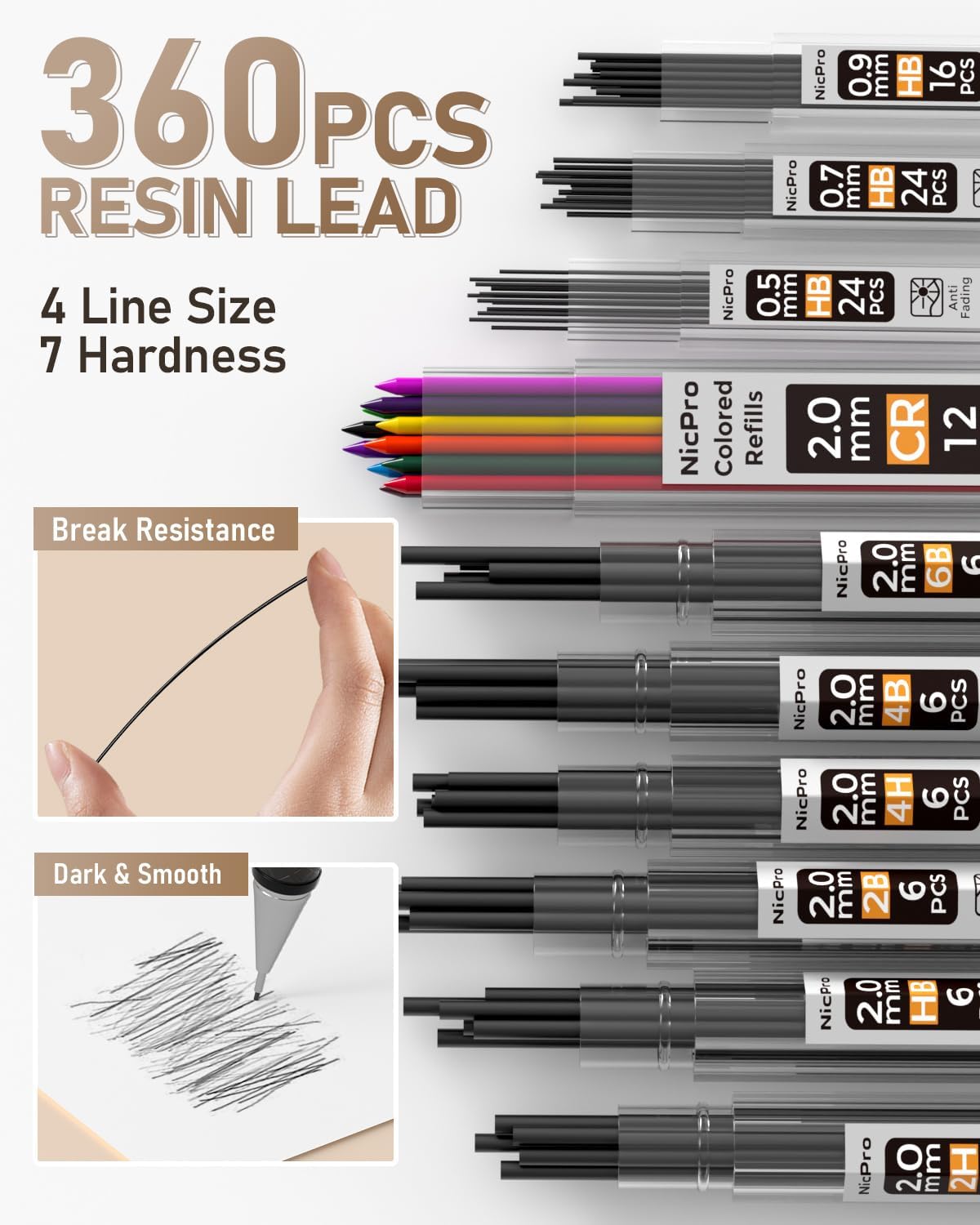 Nicpro 35 Pieces Artistic Mechanical Pencils, 3 Metal Pencils 0.5 and 0.7 and 0.9 mm & 3 Pieces Mechanical Pencils 2mm (6B 4B 2B HB 2H 4H Colors) with 20 Lead Refill Tubes for Drawing Writing Sketching Black 0.5 0.7 0.9 2 mm