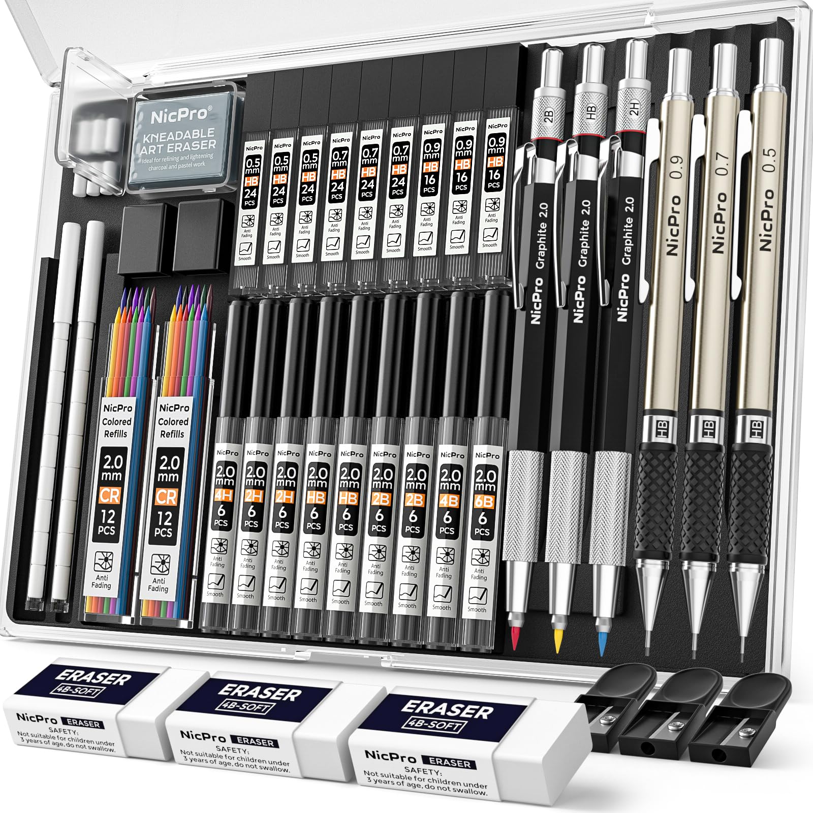Nicpro 35 Pieces Artistic Mechanical Pencils, 3 Metal Pencils 0.5 and 0.7 and 0.9 mm & 3 Pieces Mechanical Pencils 2mm (6B 4B 2B HB 2H 4H Colors) with 20 Lead Refill Tubes for Drawing Writing Sketching Black 0.5 0.7 0.9 2 mm