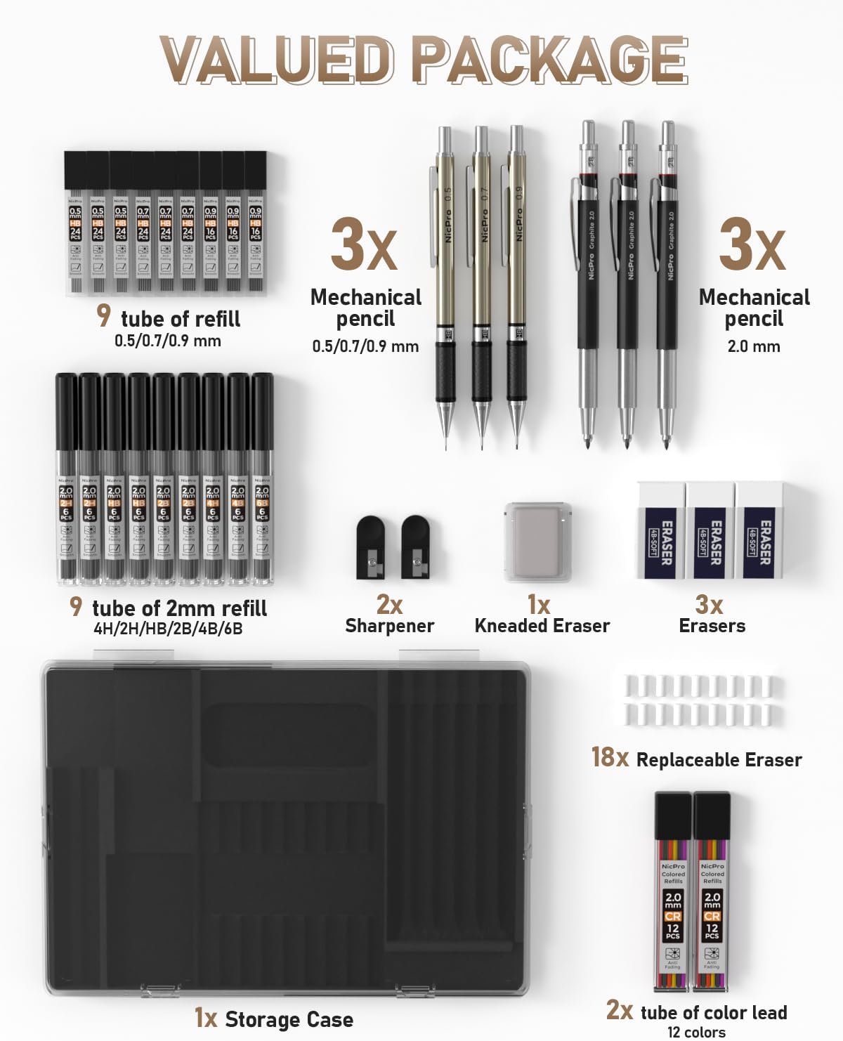 Nicpro 35 Pieces Artistic Mechanical Pencils, 3 Metal Pencils 0.5 and 0.7 and 0.9 mm & 3 Pieces Mechanical Pencils 2mm (6B 4B 2B HB 2H 4H Colors) with 20 Lead Refill Tubes for Drawing Writing Sketching Black 0.5 0.7 0.9 2 mm