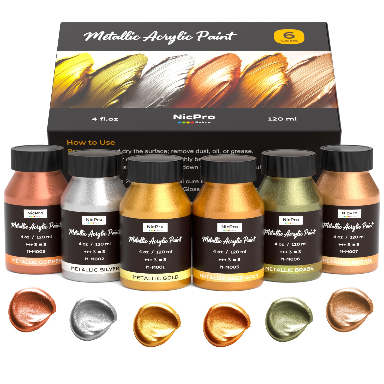 Nicpro Metallic Acrylic Paint Set, 6 Metallic Colors in 4oz/120ml Bottles, Gloss Effect, Metallic Gloss Acrylic Paint for Furniture Canvas Craft Supplies 6 Colors 120ml (Pack of 6)