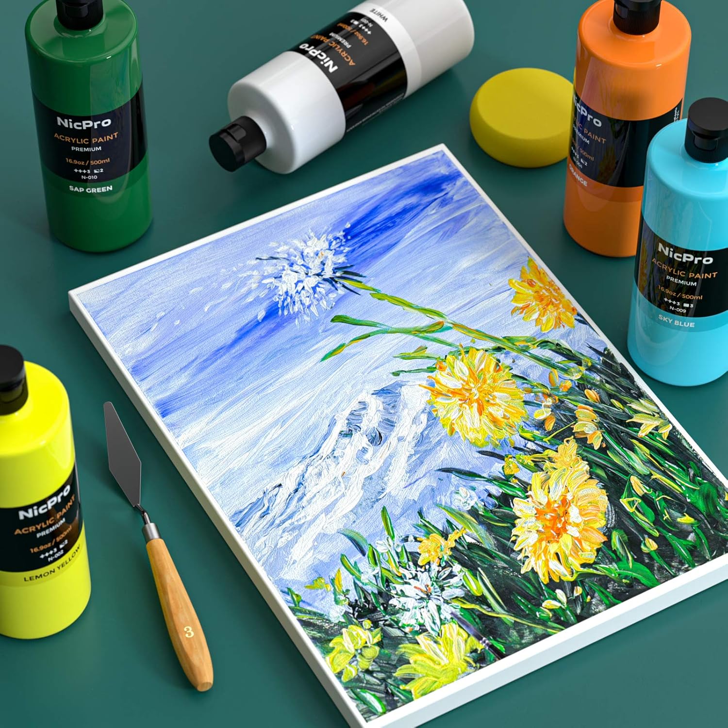 Nicpro Set of Acrylic Colors for Painting 14 x 500 ml, Large Acrylic Bottle in 18 Colours, Non-toxic, Acrylic Paint for Painting, Rich, Canvas, Wood, Leather, Crafts 14 colors 500 ml