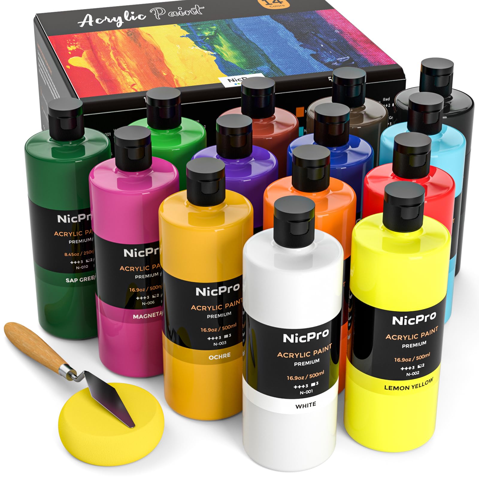 Nicpro Set of Acrylic Colors for Painting 14 x 500 ml, Large Acrylic Bottle in 18 Colours, Non-toxic, Acrylic Paint for Painting, Rich, Canvas, Wood, Leather, Crafts 14 colors 500 ml