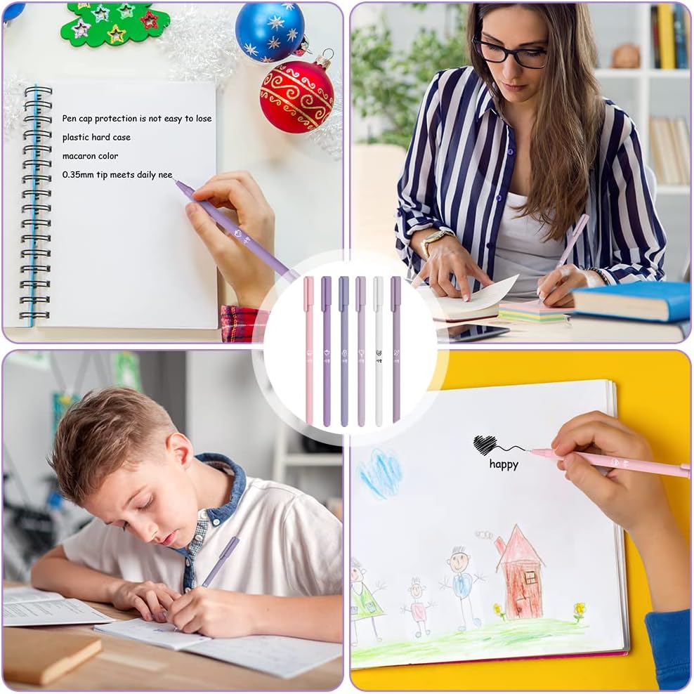 OFFCUP 6Pcs Gel Ballpoint Pen, Rollerball Pen, 0.5mm Black Fine Tip Liquid Ink, for Kawaii Stationery School Adults Office Supplies Purple