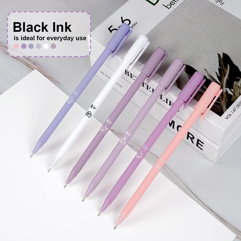 OFFCUP 6Pcs Gel Ballpoint Pen, Rollerball Pen, 0.5mm Black Fine Tip Liquid Ink, for Kawaii Stationery School Adults Office Supplies Purple