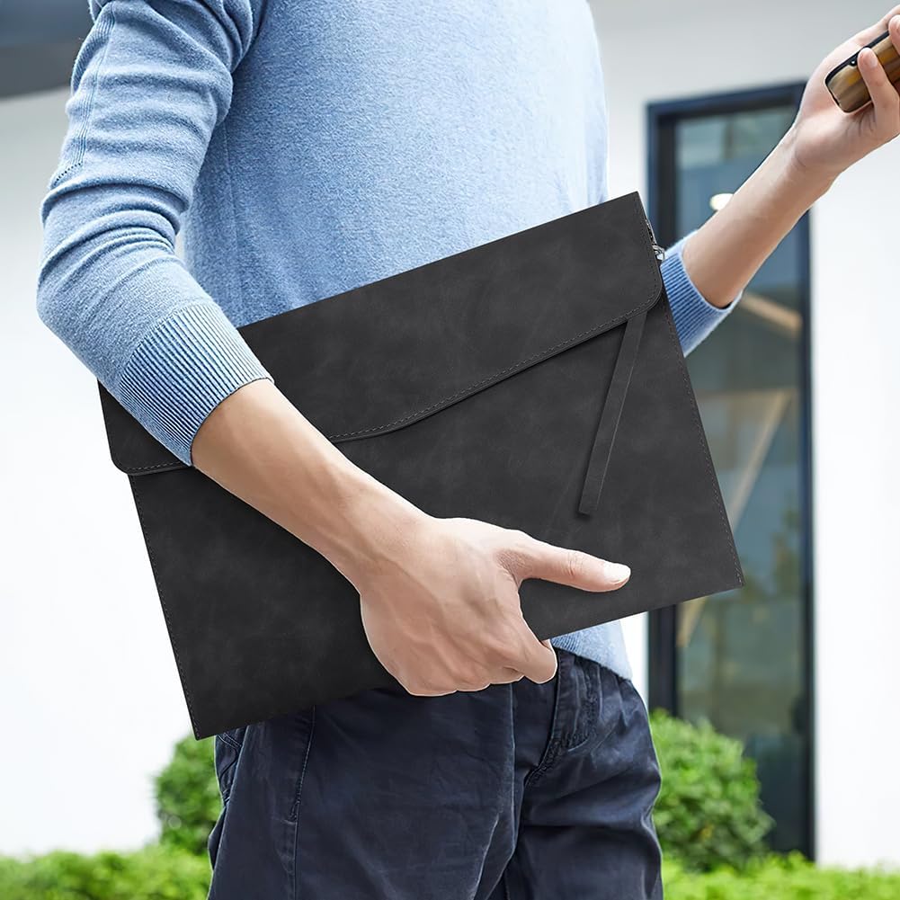 OFFCUP A4 PU File Bags Leather Document Folder Multifunctional Portable Document Bag Wallet for Letter Paper Stationery Organizer and Tablet Sleeve PC Case Black