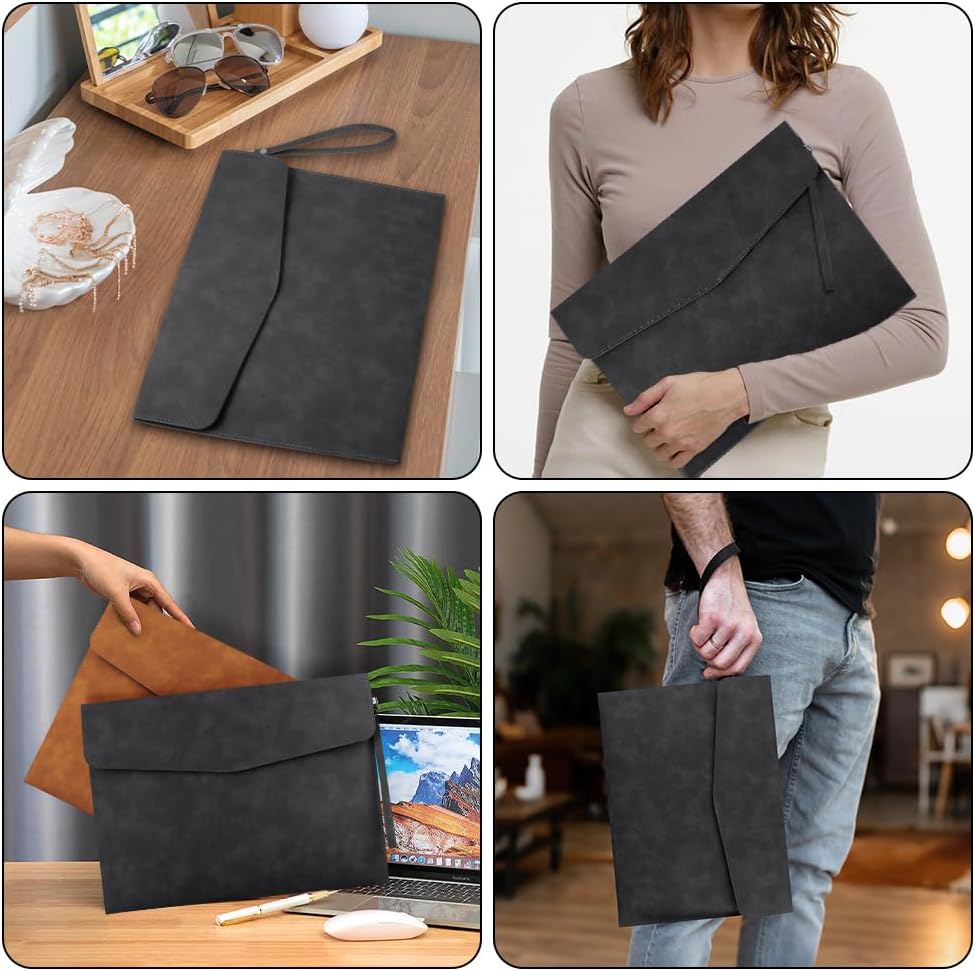 OFFCUP A4 PU File Bags Leather Document Folder Multifunctional Portable Document Bag Wallet for Letter Paper Stationery Organizer and Tablet Sleeve PC Case Black