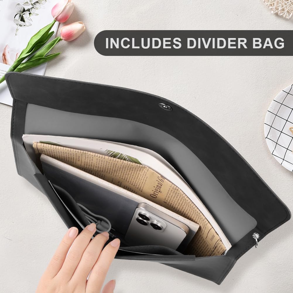 OFFCUP A4 PU File Bags Leather Document Folder Multifunctional Portable Document Bag Wallet for Letter Paper Stationery Organizer and Tablet Sleeve PC Case Black
