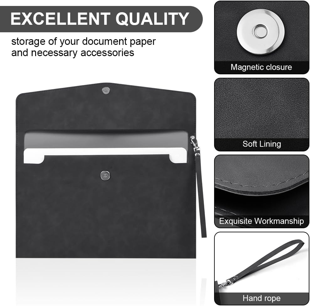 OFFCUP A4 PU File Bags Leather Document Folder Multifunctional Portable Document Bag Wallet for Letter Paper Stationery Organizer and Tablet Sleeve PC Case Black