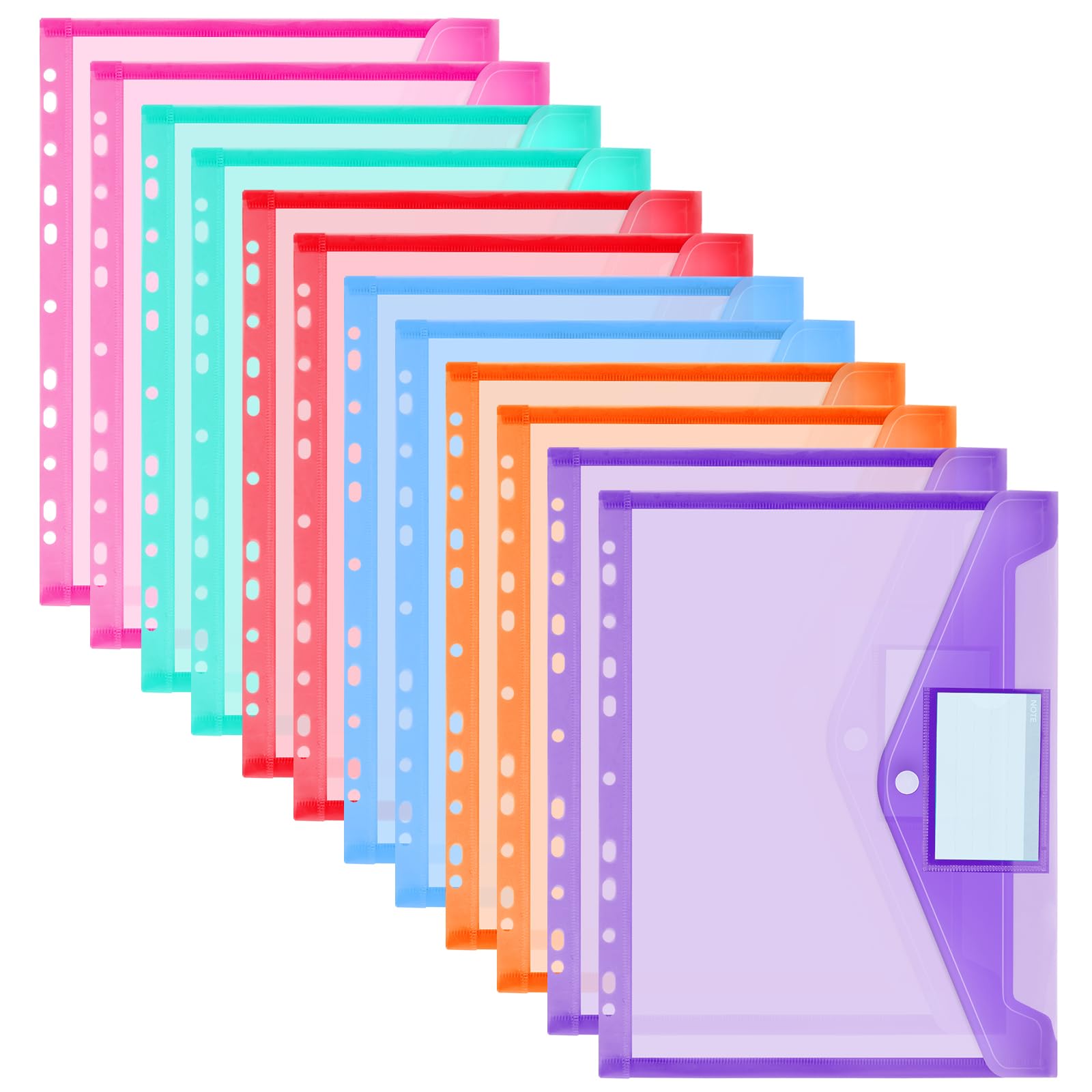 OFFCUP Expandable Punch Pockets, 12Pcs A4 Wallets Plastic Folders, A4 Clear Plastic Document Case with Snaps and Labels, 6 Colors Set of 12, Thin
