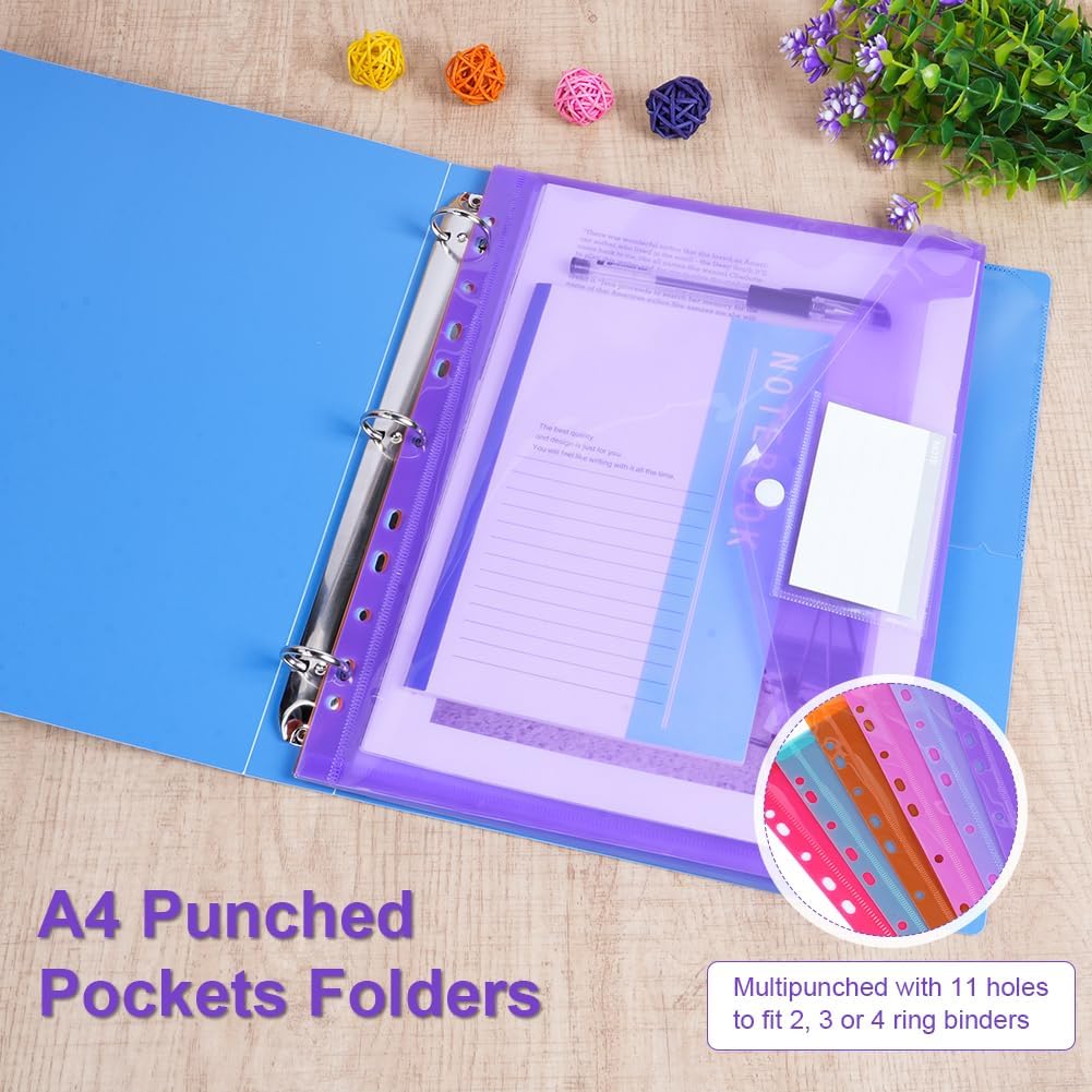 OFFCUP Expandable Punch Pockets, 12Pcs A4 Wallets Plastic Folders, A4 Clear Plastic Document Case with Snaps and Labels, 6 Colors Set of 12, Thin