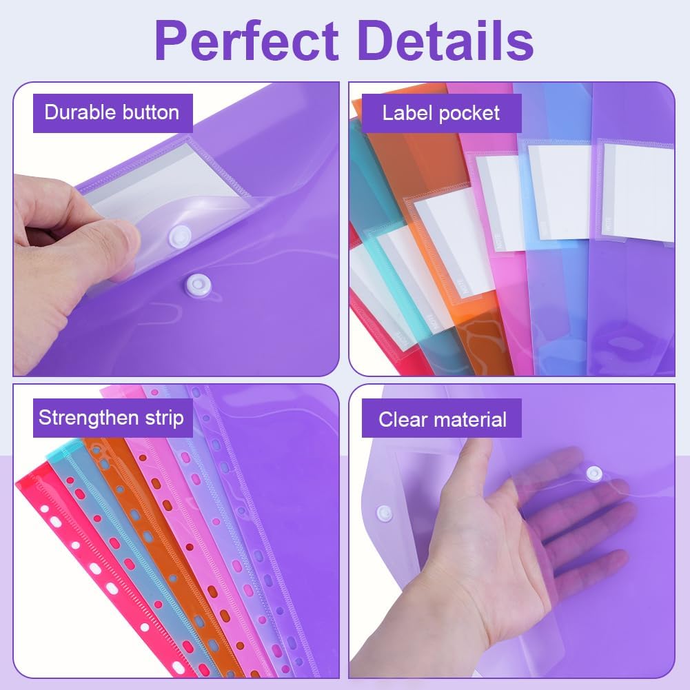 OFFCUP Expandable Punch Pockets, 12Pcs A4 Wallets Plastic Folders, A4 Clear Plastic Document Case with Snaps and Labels, 6 Colors Set of 12, Thin