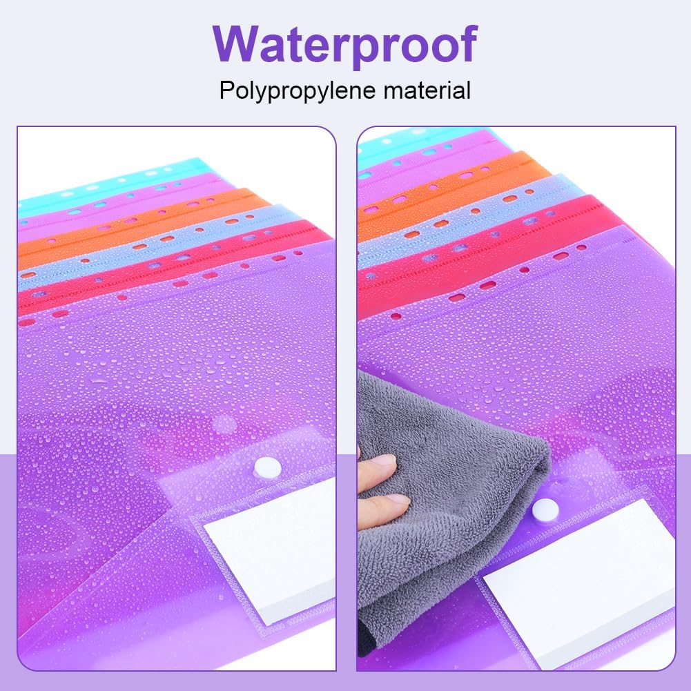 OFFCUP Expandable Punch Pockets, 12Pcs A4 Wallets Plastic Folders, A4 Clear Plastic Document Case with Snaps and Labels, 6 Colors Set of 12, Thin