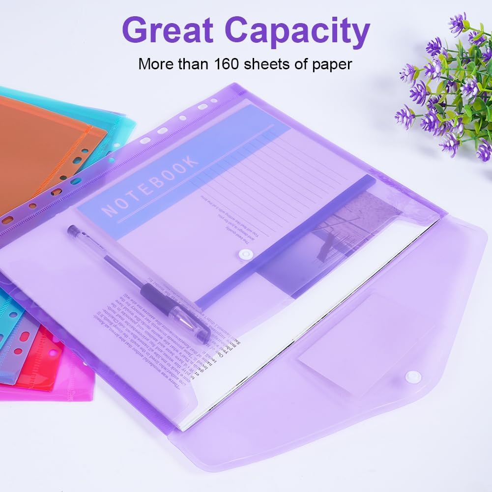 OFFCUP Expandable Punch Pockets, 12Pcs A4 Wallets Plastic Folders, A4 Clear Plastic Document Case with Snaps and Labels, 6 Colors Set of 12, Thin