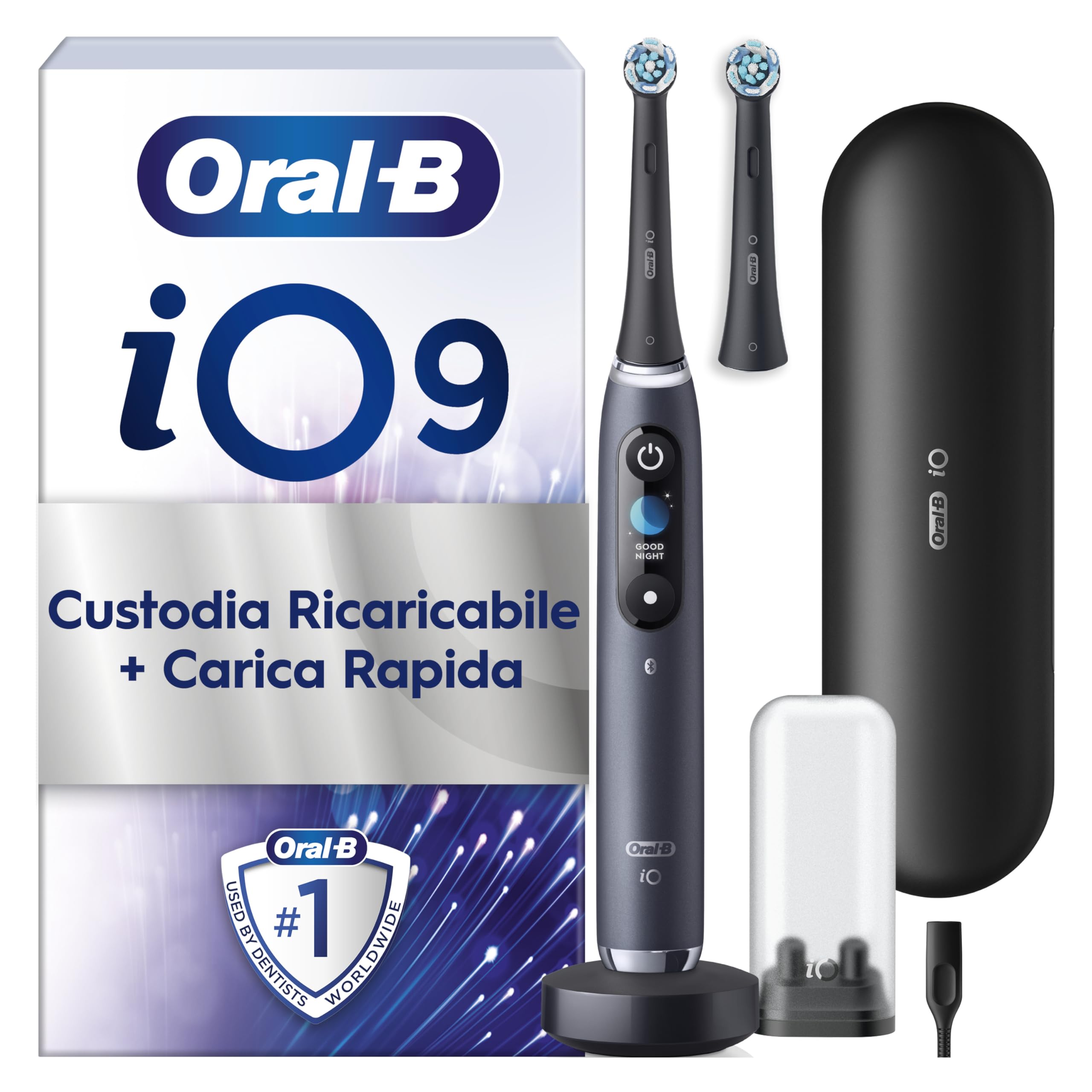 Oral-B Rechargeable Electric Toothbrush iO 9 Black Limited Edition, 1 Oral B Electric Toothbrush, 1 Replacement Head, Travel Case, Magnetic Case New version