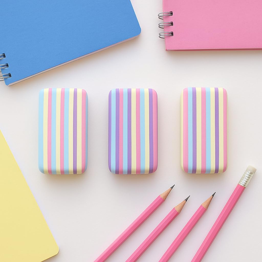 Pastel Striped Eraser | TPR Thermoplastic Rubber | Ecological and Hypoallergenic | Clean and residue-free erasing | School and Office | Assorted colours