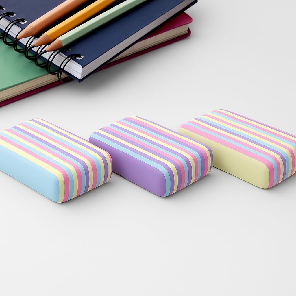 Pastel Striped Eraser | TPR Thermoplastic Rubber | Ecological and Hypoallergenic | Clean and residue-free erasing | School and Office | Assorted colours