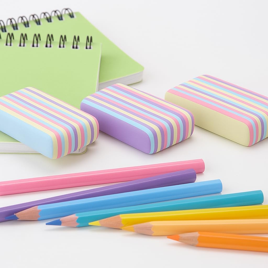 Pastel Striped Eraser | TPR Thermoplastic Rubber | Ecological and Hypoallergenic | Clean and residue-free erasing | School and Office | Assorted colours