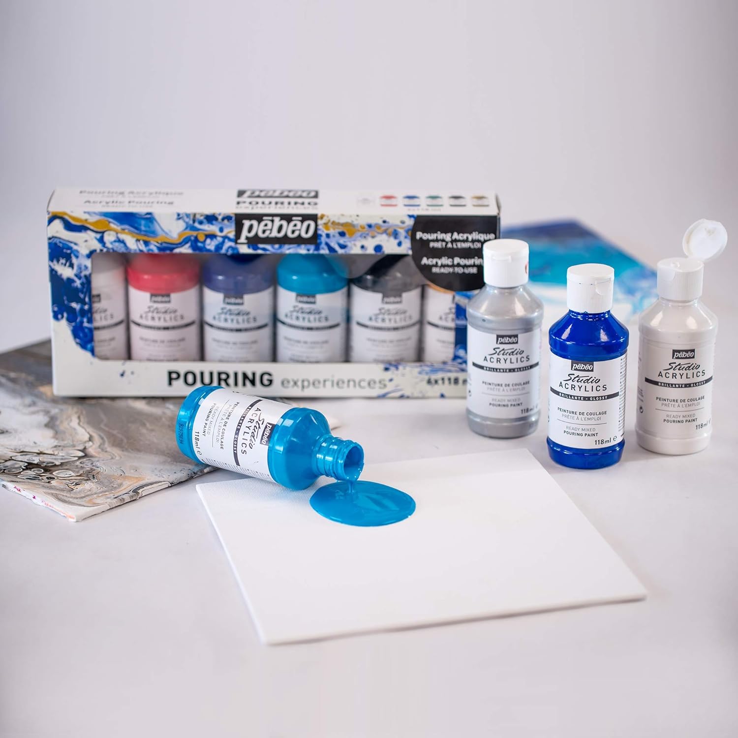 Pébéo - Set Pouring Experiences - Ready-to-use pre-mixed acrylic colors - 6 bottles of 118ml - White + Red + Blue + Turquoise + Black + Gold Set of 6 colors - Pouring