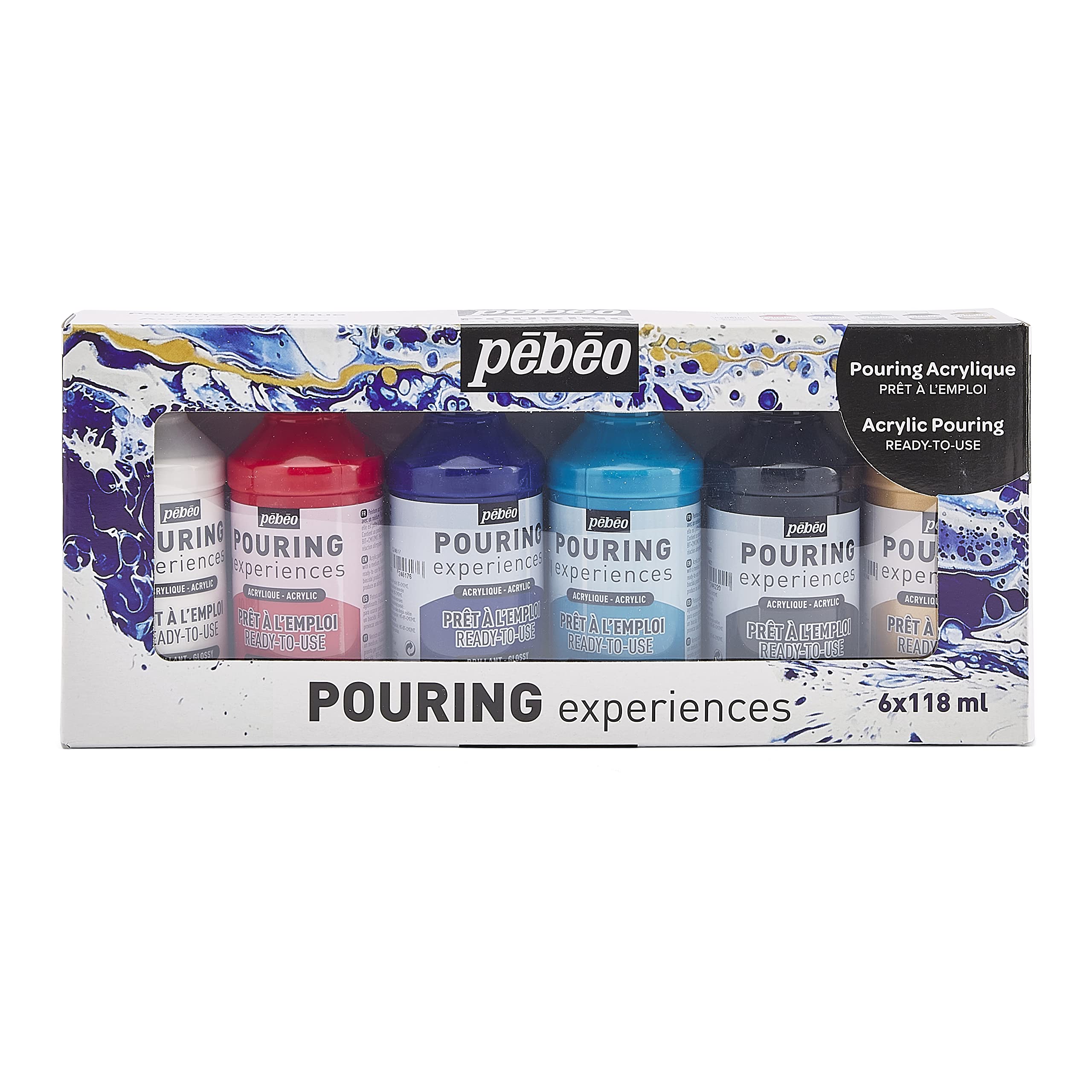 Pébéo - Set Pouring Experiences - Ready-to-use pre-mixed acrylic colors - 6 bottles of 118ml - White + Red + Blue + Turquoise + Black + Gold Set of 6 colors - Pouring