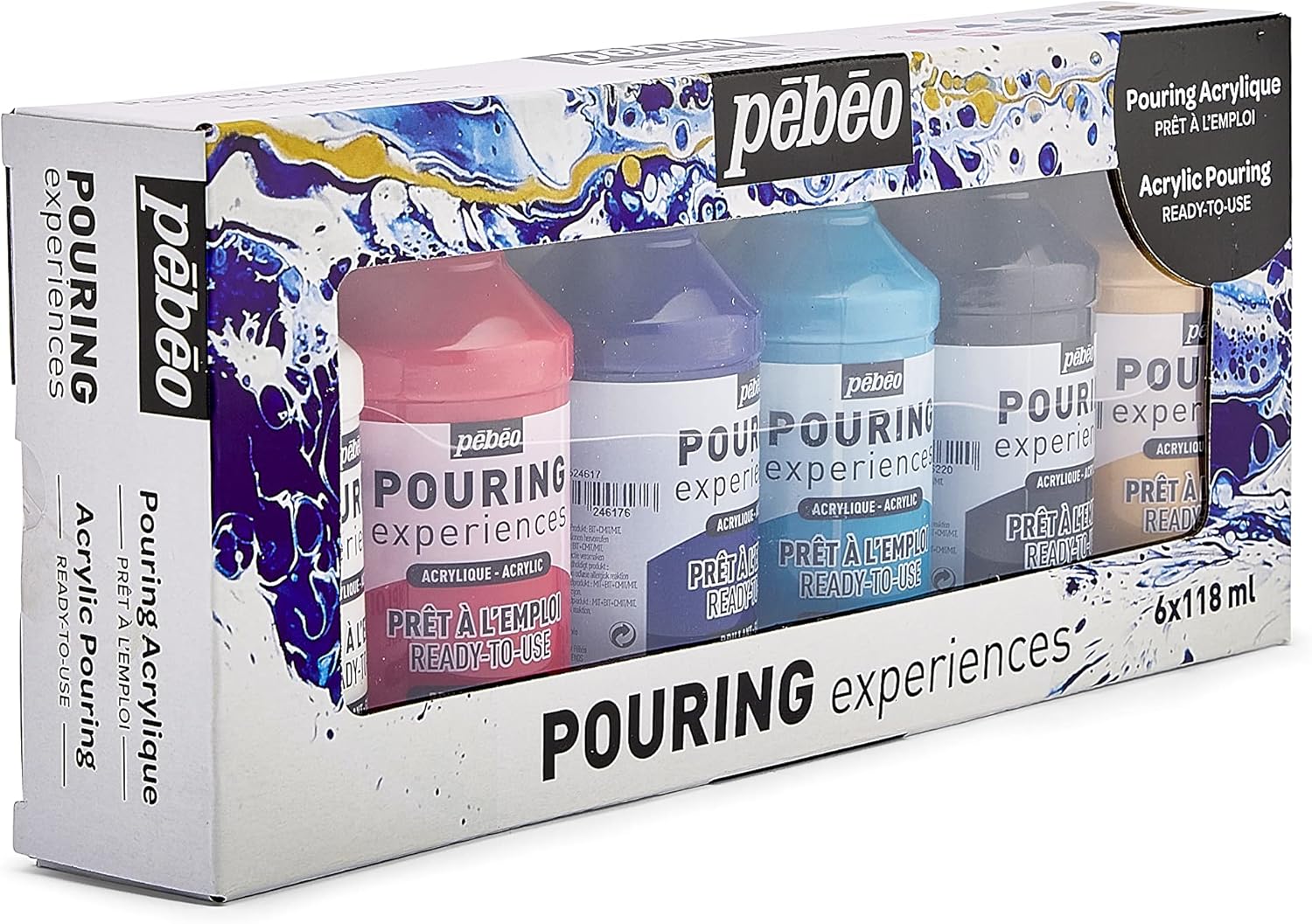 Pébéo - Set Pouring Experiences - Ready-to-use pre-mixed acrylic colors - 6 bottles of 118ml - White + Red + Blue + Turquoise + Black + Gold Set of 6 colors - Pouring
