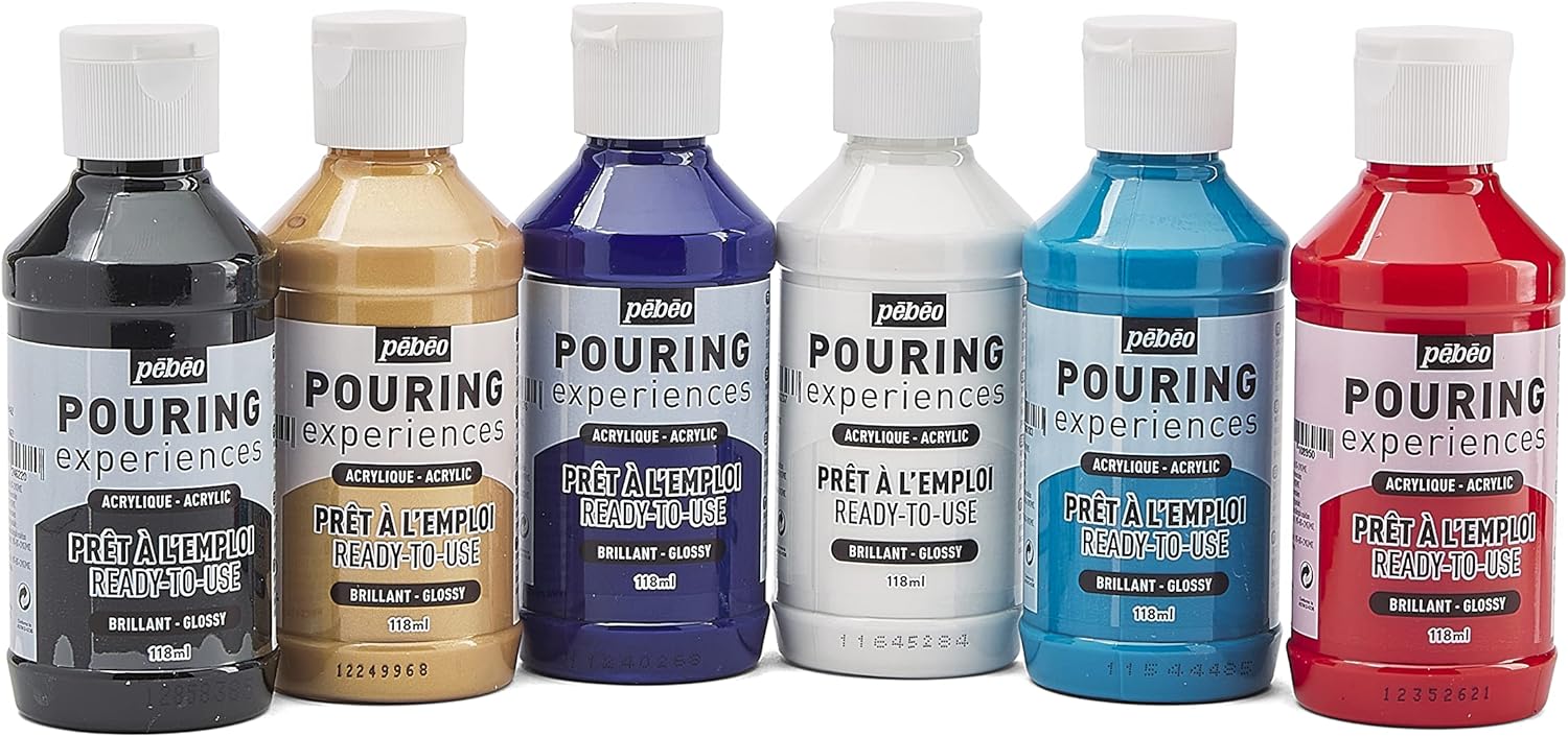 Pébéo - Set Pouring Experiences - Ready-to-use pre-mixed acrylic colors - 6 bottles of 118ml - White + Red + Blue + Turquoise + Black + Gold Set of 6 colors - Pouring