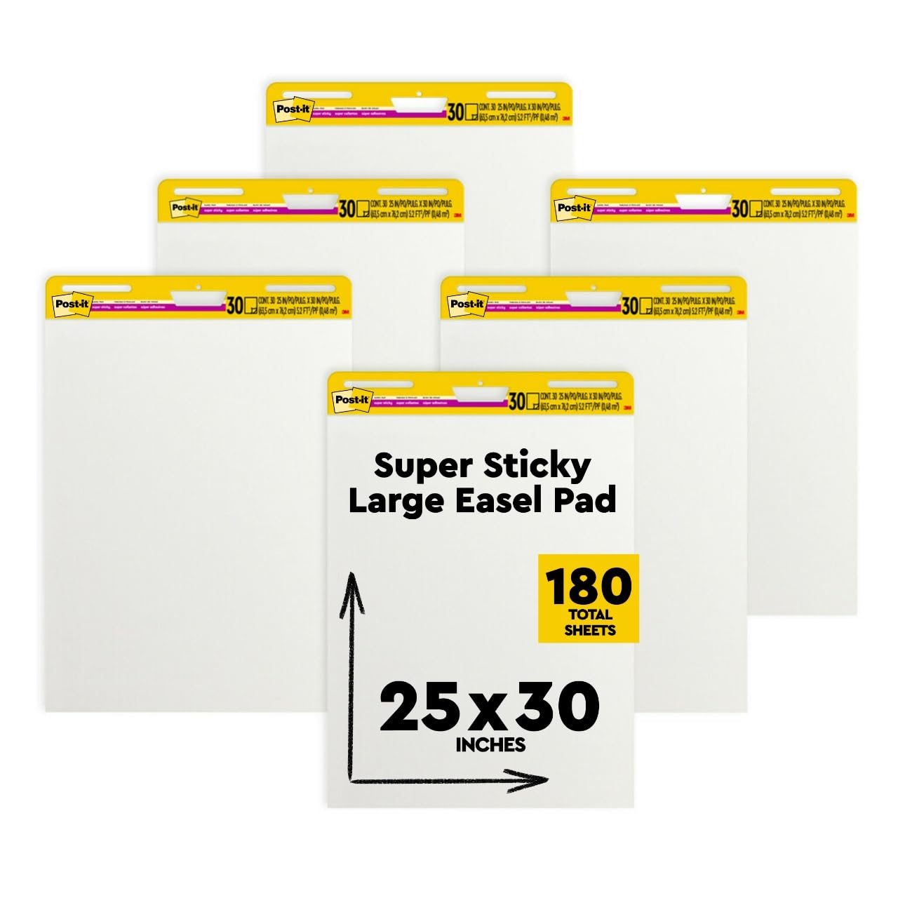Post-it Super Sticky Meeting Charts, Convenience package, 6 pads, 30 sheets per pad, 635 mm x 762 mm, White Color, for Brainstorming Anywhere and Making All Ideas Visible 6 Pieces