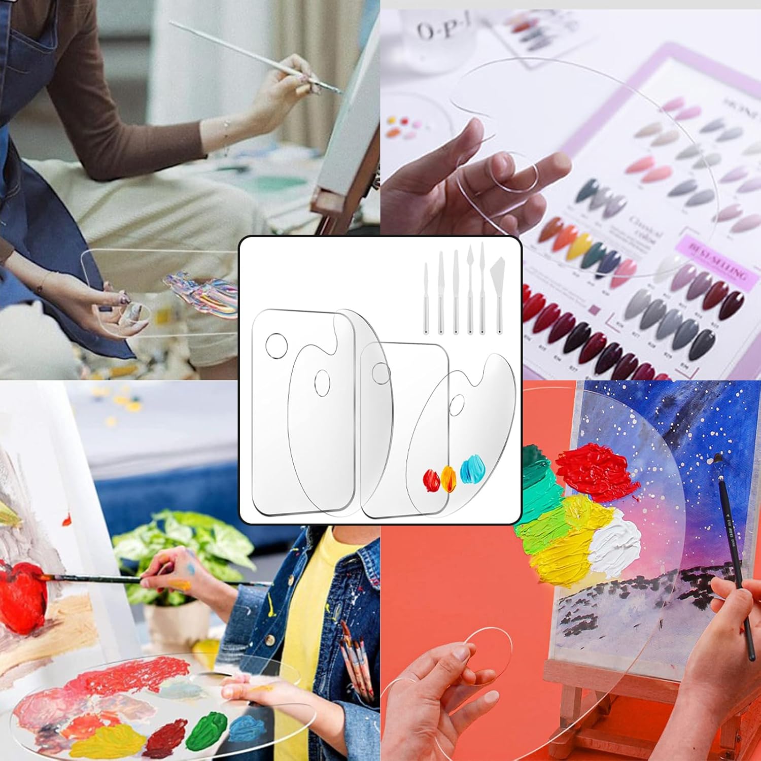 Set of 4 Clear Acrylic Painting Palette, Acrylic Paint Mixing Palette with 6 Plastic Painting Knives, Non-Stick for DIY Crafts Oil Painting